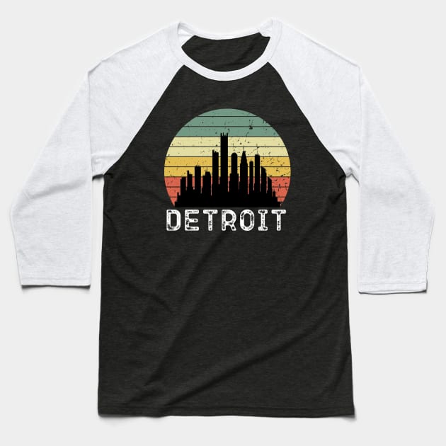 Detroit City Skyscraper Skylines Vintage Design Baseball T-Shirt by OriginalGiftsIdeas